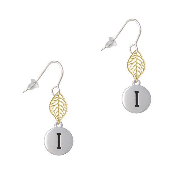 Delight Jewelry Silvertone Capital Letter - I - Pebble Disc - Goldtone Leaf French Earrings