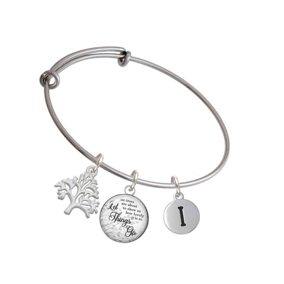 Delight Jewelry Silvertone Capital Letter - I - Pebble Disc - Silvertone Let Things Go Tree Charm Bangle Bracelet