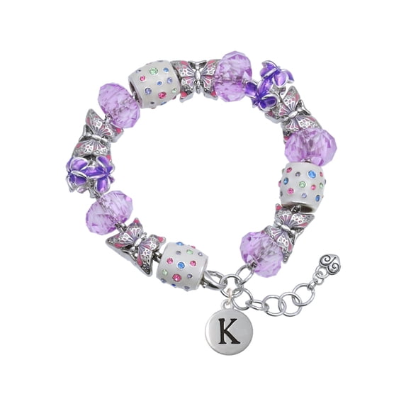 Delight Jewelry Silvertone Capital Letter - K - Pebble Disc - Purple Butterfly Bead Charm Bracelet, 7"+1" Extender