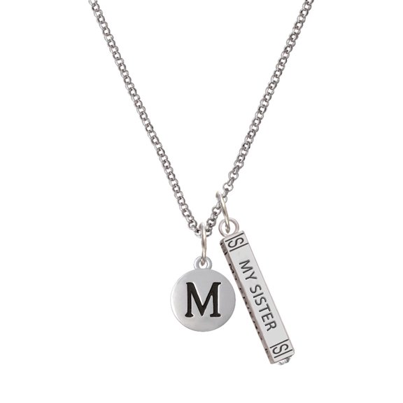 Delight Jewelry Silvertone Capital Letter - M - Pebble Disc - Silvertone Always My Sister Bar Charm Necklace, 23"