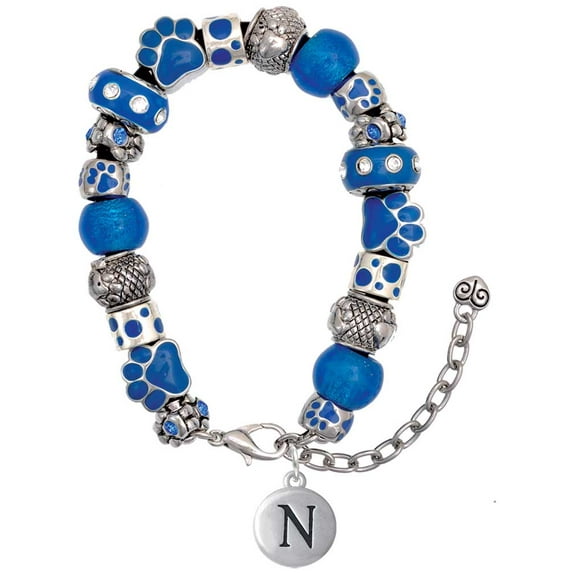 Delight Jewelry Silvertone Capital Letter - N - Pebble Disc - Blue Paw Print Bead Bracelet, 7"+2"