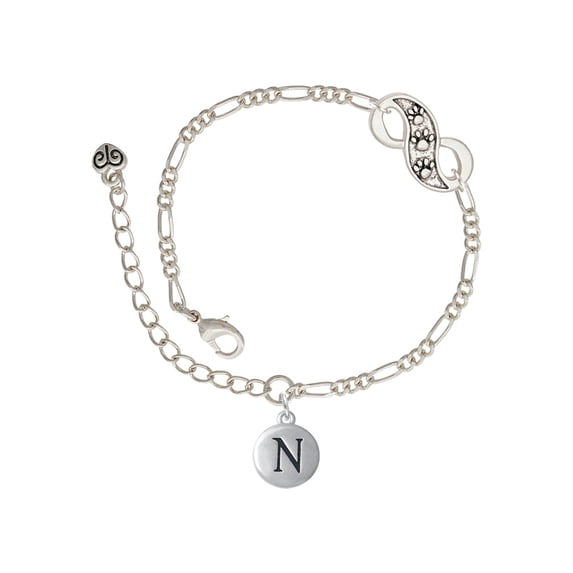 Delight Jewelry Silvertone Capital Letter - N - Pebble Disc - Silver-tone Paw Infinity Link Chain Bracelet, 6"+2" Extender