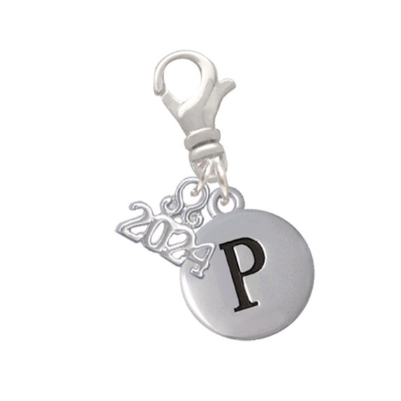 Delight Jewelry Silvertone Capital Letter - P - Pebble Disc - - Clip on Charm with Year 2024