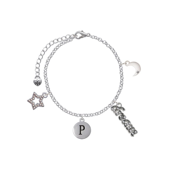 Delight Jewelry Silvertone Capital Letter - P - Pebble Disc - Silvertone Dream Big Charm Bracelet, 7.5+2" Extender