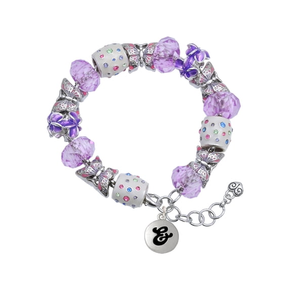 Delight Jewelry Silvertone Capital Letter - & - Pebble Disc - Purple Butterfly Bead Charm Bracelet, 7"+1" Extender