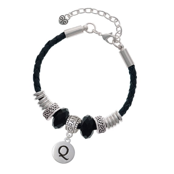Delight Jewelry Silvertone Capital Letter - Q - Pebble Disc - Grandmother Celtic Knot Leather Bead Bracelet, 7"+2" Extender