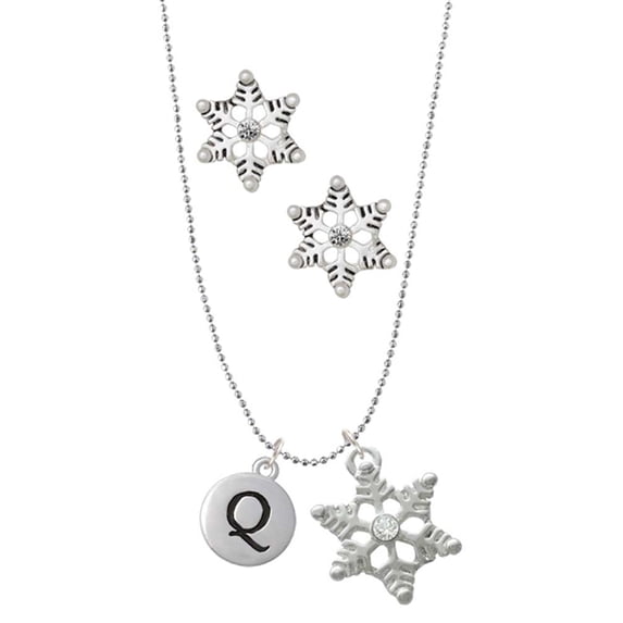 Delight Jewelry Silvertone Capital Letter - Q - Pebble Disc - Silver tone Snowflake Charm Necklace and Stud Earrings