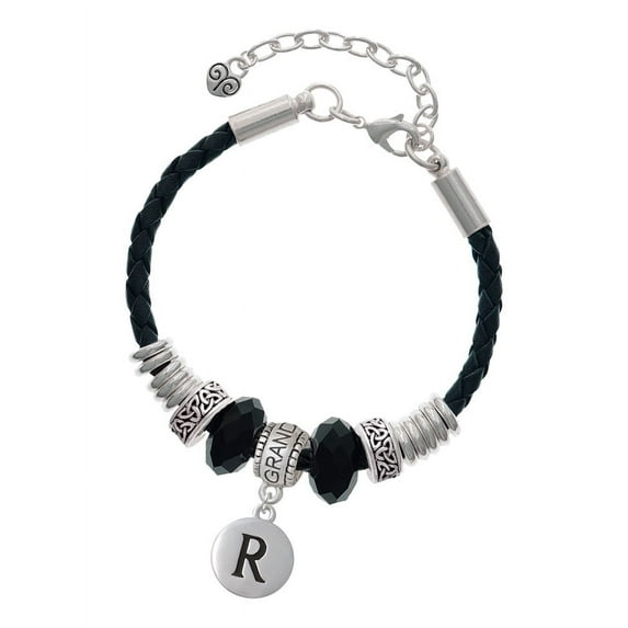 Delight Jewelry Silvertone Capital Letter - R - Pebble Disc - Granddaughter Celtic Knot Leather Bead Bracelet, 7"+2" Extender