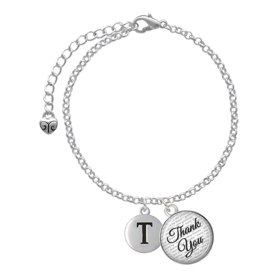 Delight Jewelry Silvertone Capital Letter - T - Pebble Disc - Domed Thank You Charm Bracelet, 6"+2"