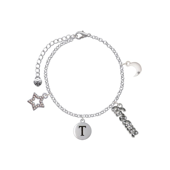 Delight Jewelry Silvertone Capital Letter - T - Pebble Disc - Silvertone Dream Big Charm Bracelet, 7.5+2" Extender