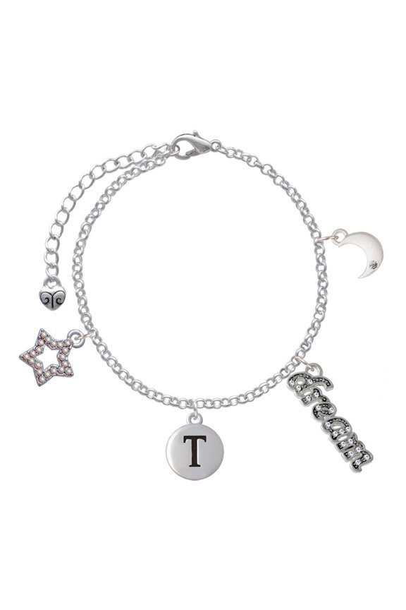 Silvertone Capital Letter - T - Pebble Disc - Silvertone Dream Big Charm Bracelet, 7.5+2" Extender