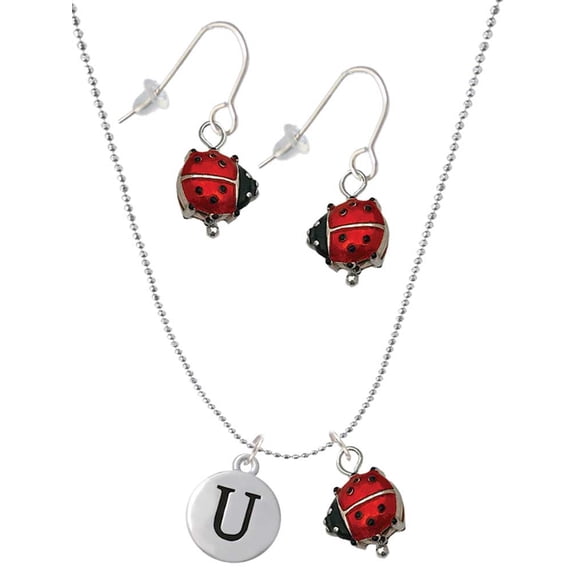 Delight Jewelry Silvertone Capital Letter - U - Pebble Disc - Red Lucky Ladybug Necklace and Dangle Earrings Set