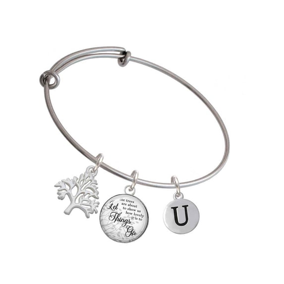 Delight Jewelry Silvertone Capital Letter - U - Pebble Disc - Silvertone Let Things Go Tree Charm Bangle Bracelet