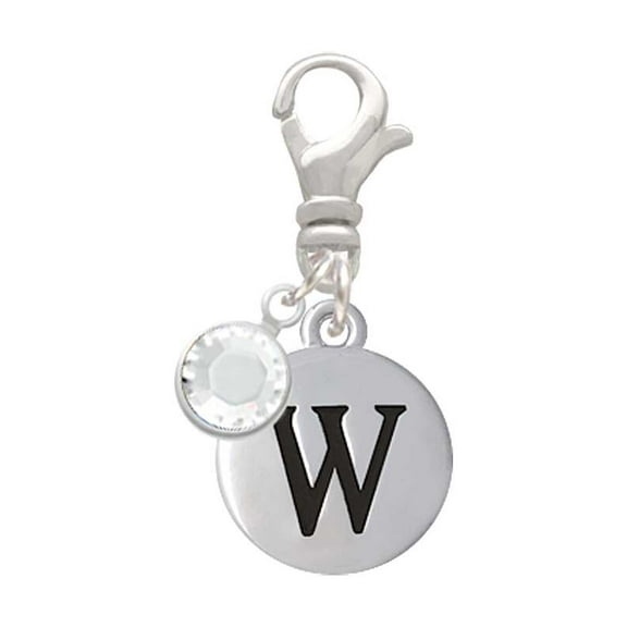 Delight Jewelry Silvertone Capital Letter - W - Pebble Disc - - Silvertone Clip on Charm with Clear Crystal Drop