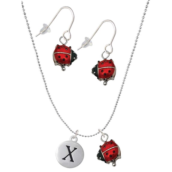 Delight Jewelry Silvertone Capital Letter - X - Pebble Disc - Red Lucky Ladybug Necklace and Dangle Earrings Set
