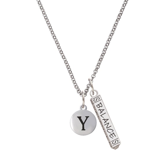 Delight Jewelry Silvertone Capital Letter - Y - Pebble Disc - Silvertone Balance Bar Charm Necklace, 23"