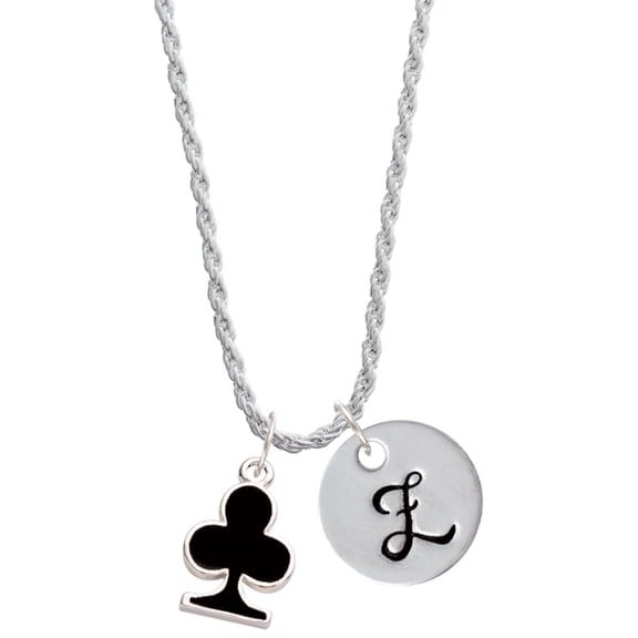 Delight Jewelry Silvertone Card Suit - Black Club Silvertone Script Initial Disc - Z - Charm Necklace, 20"+3"