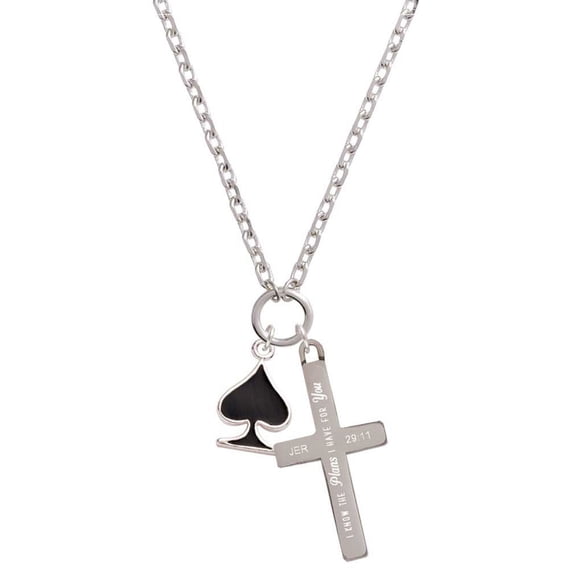 Delight Jewelry Silvertone Card Suit - Black Spade I Have Plans for You Engraved Cross Zoey Necklace, 28"