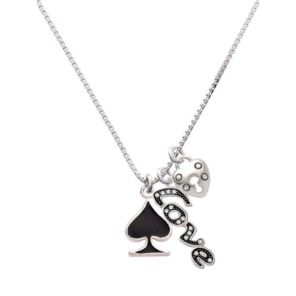 Delight Jewelry Silvertone Card Suit - Black Spade - Love and Lock Charm Necklace, 18"+1"