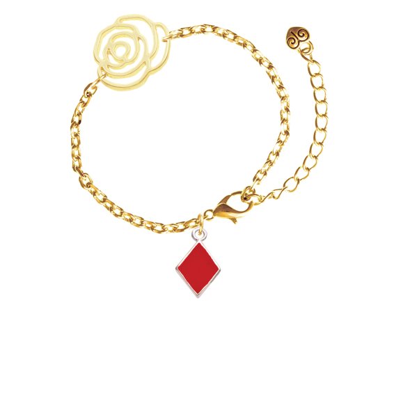 Delight Jewelry Silvertone Card Suit - Red Diamond Gold-tone Flower Link Chain Bracelet, 6.75"+2" Extender