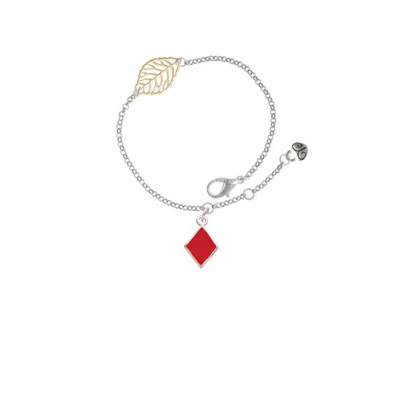 Delight Jewelry Silvertone Card Suit - Red Diamond - Goldtone Leaf Delicate Bracelet, 6.25+1.75"