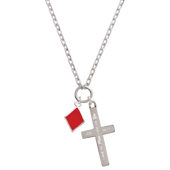 Delight Jewelry Silvertone Card Suit - Red Diamond I Have Plans for You Engraved Cross Zoey Necklace, 28"
