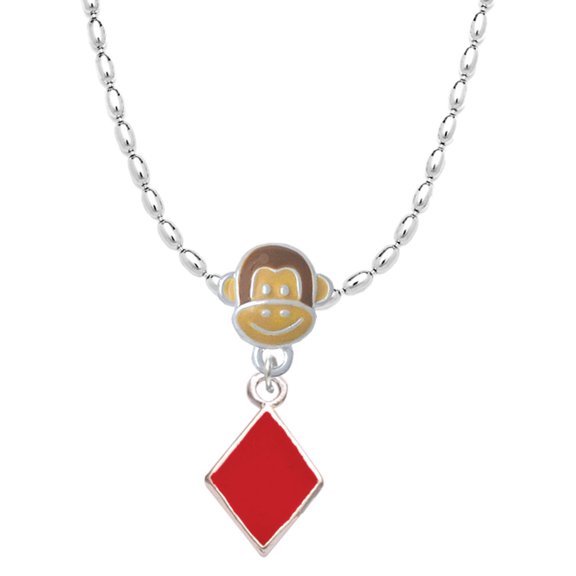 Delight Jewelry Silvertone Card Suit - Red Diamond Mia Monkey Charm Necklace