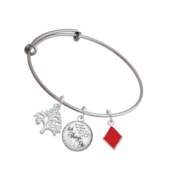 Delight Jewelry Silvertone Card Suit - Red Diamond Silvertone Let Things Go Tree Charm Bangle Bracelet