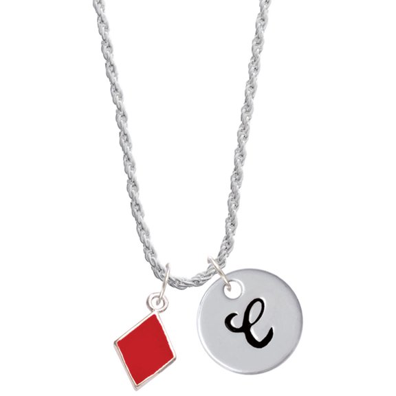 Delight Jewelry Silvertone Card Suit - Red Diamond Silvertone Script Initial Disc - C - Charm Necklace, 20"+3"
