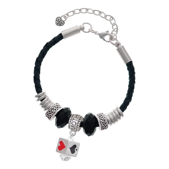 Delight Jewelry Silvertone Card Suits Square Spinner Mother Celtic Knot Leather Bead Bracelet, 7"+2" Extender