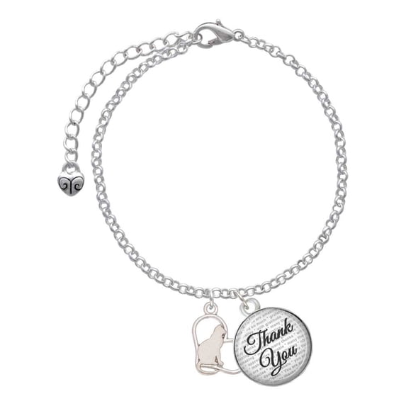 Delight Jewelry Silvertone Cat Silhouette Heart - Domed Thank You Charm Bracelet, 6"+2"