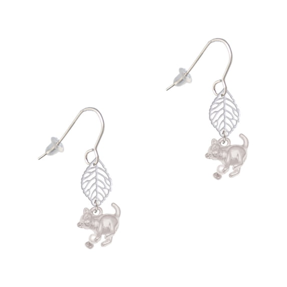 Delight Jewelry Silvertone Cat with Yarn Silvertone Leaf French Earrings