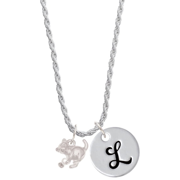 Delight Jewelry Silvertone Cat with Yarn Silvertone Script Initial Disc - L - Charm Necklace, 20"+3"