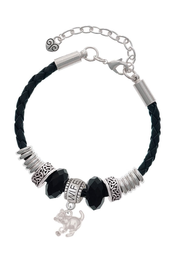 Silvertone Cat with Yarn Wife Celtic Knot Leather Bead Bracelet, 7"+2" Extender