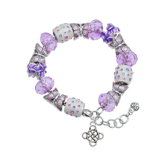 Delight Jewelry Silvertone Celtic Knot Cross Purple Butterfly Bead Charm Bracelet, 7"+1" Extender