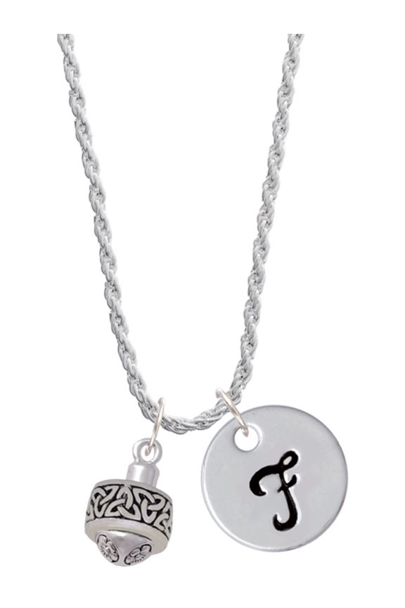 Silvertone Celtic Knot Trinity Band Spinner Silvertone Script Initial Disc - F - Charm Necklace, 20"+3"
