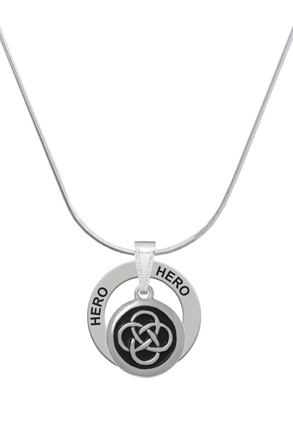 Silvertone Celtic Knot in Black Circle Hero Ring Charm Necklace, 18"