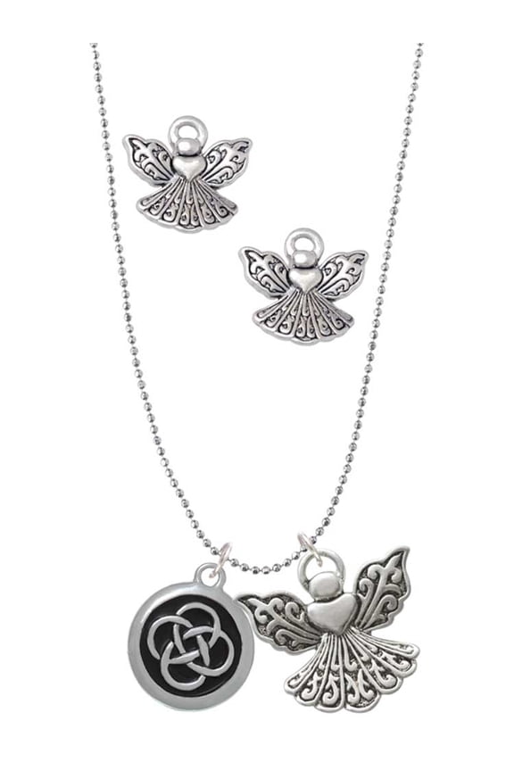 Silvertone Celtic Knot in Black Circle Silver tone Guardian Angel Charm Necklace and Stud Earrings