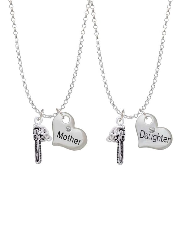 Silvertone Chainsaw Mother & Daughter Heart Necklaces (Set of 2), 19"+2"