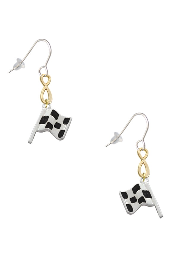 Silvertone Checkered Race Flag Gold Tone Infinity French Earrings