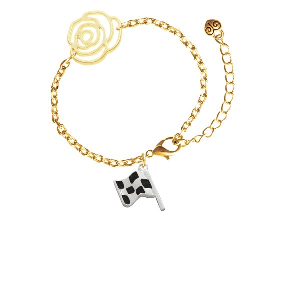 Delight Jewelry Silvertone Checkered Race Flag Gold-tone Flower Link Chain Bracelet, 6.75"+2" Extender