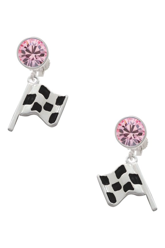 Silvertone Checkered Race Flag Pink Crystal Clip on Earrings