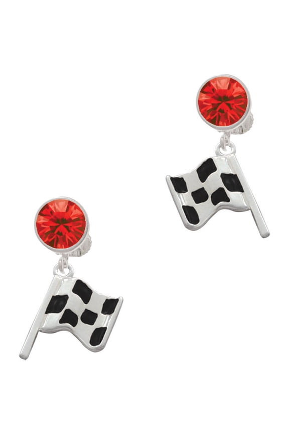 Silvertone Checkered Race Flag Red Crystal Clip on Earrings