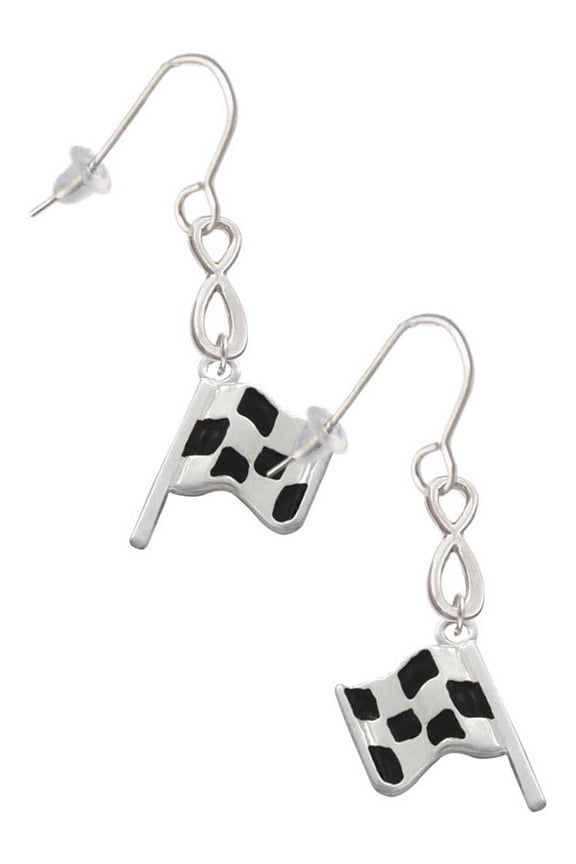 Silvertone Checkered Race Flag Silver tone Infinity French Earrings