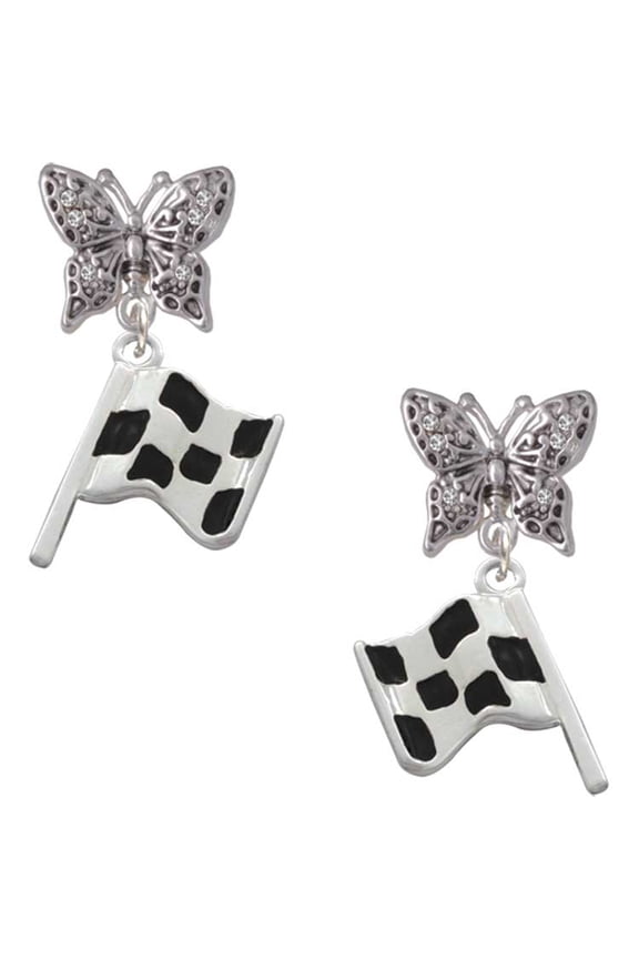 Silvertone Checkered Race Flag Silvertone Antiqued Butterfly Post Earrings