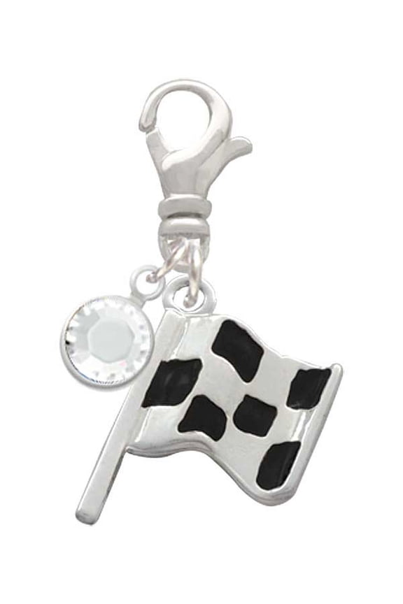 Silvertone Checkered Race Flag - Silvertone Clip on Charm with Clear Crystal Drop