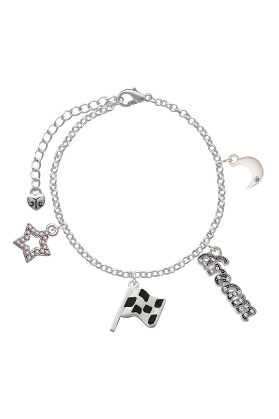 Silvertone Checkered Race Flag Silvertone Dream Big Charm Bracelet, 7.5+2" Extender
