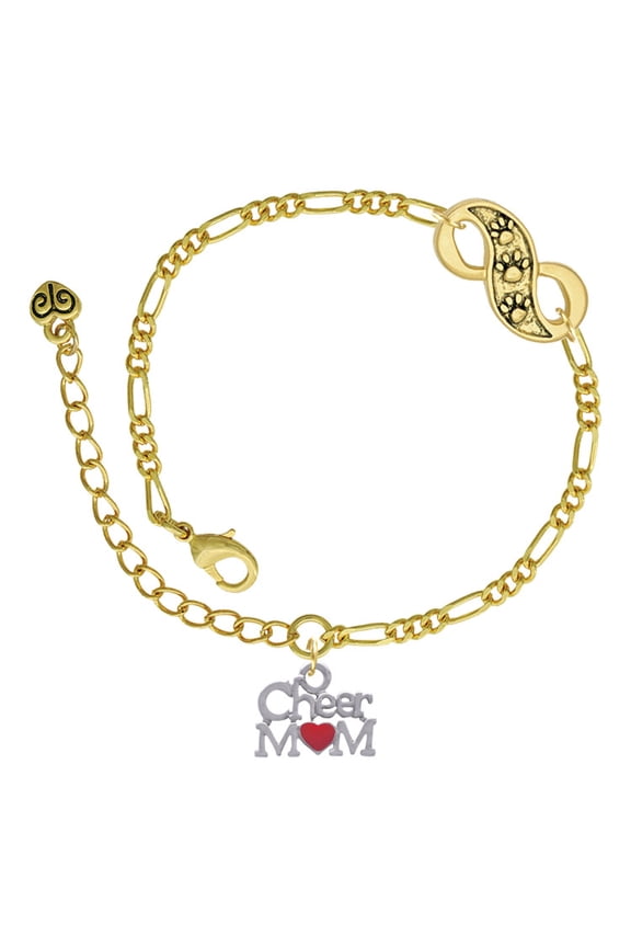 Silvertone Cheer Mom with Red Heart Gold-tone Paw Infinity Link Chain Bracelet, 6"+2" Extender