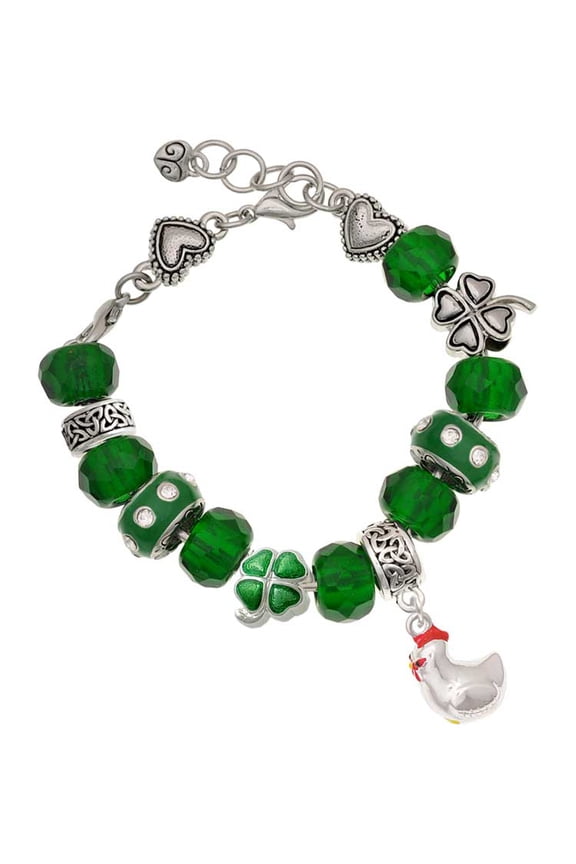 Silvertone Chicken 3-D - Green Irish Luck Bead Charm Bracelet, 7.5"