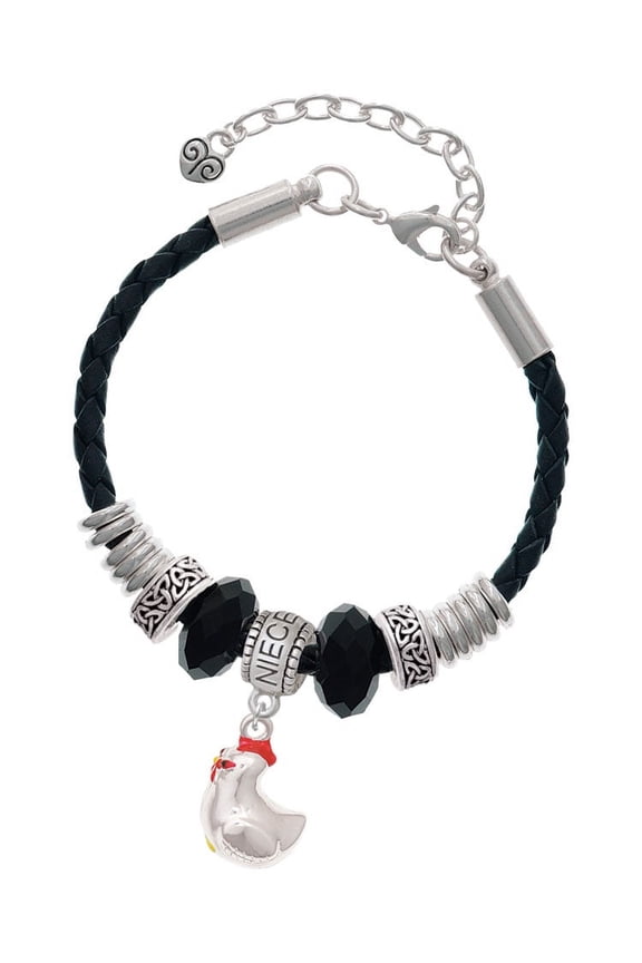 Silvertone Chicken 3-D Niece Celtic Knot Leather Bead Bracelet, 7"+2" Extender